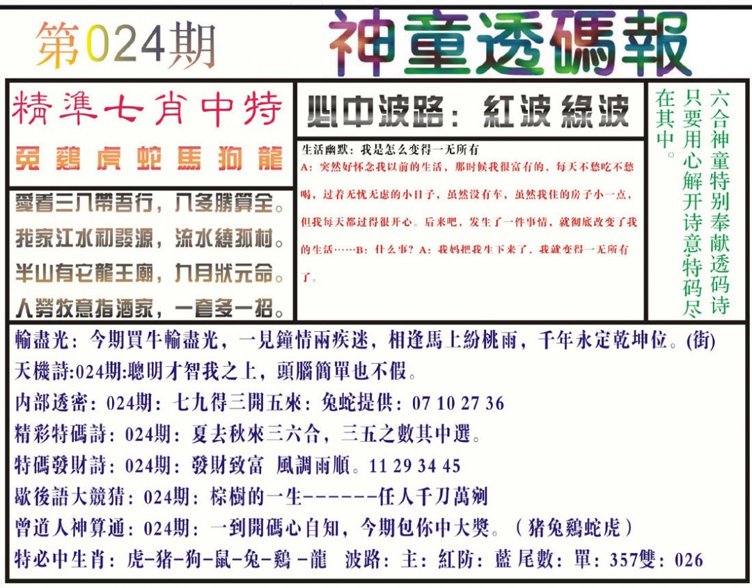 024期神童透码报(正版)[图]